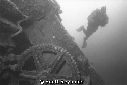 Lake Superior diver on shipwreck.  Black and white image ... by Scott Reynolds 